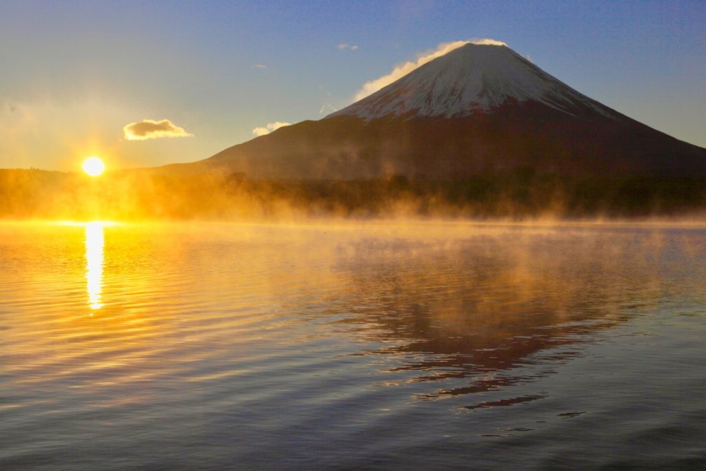 Lake Shojiko morning view of Mount Fuji